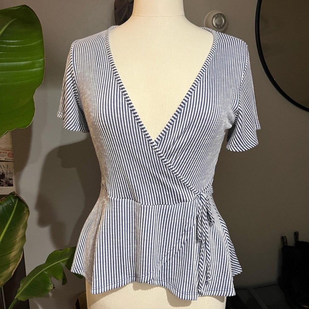 Blue Peplum Wrap Blouse with Short Sleeves